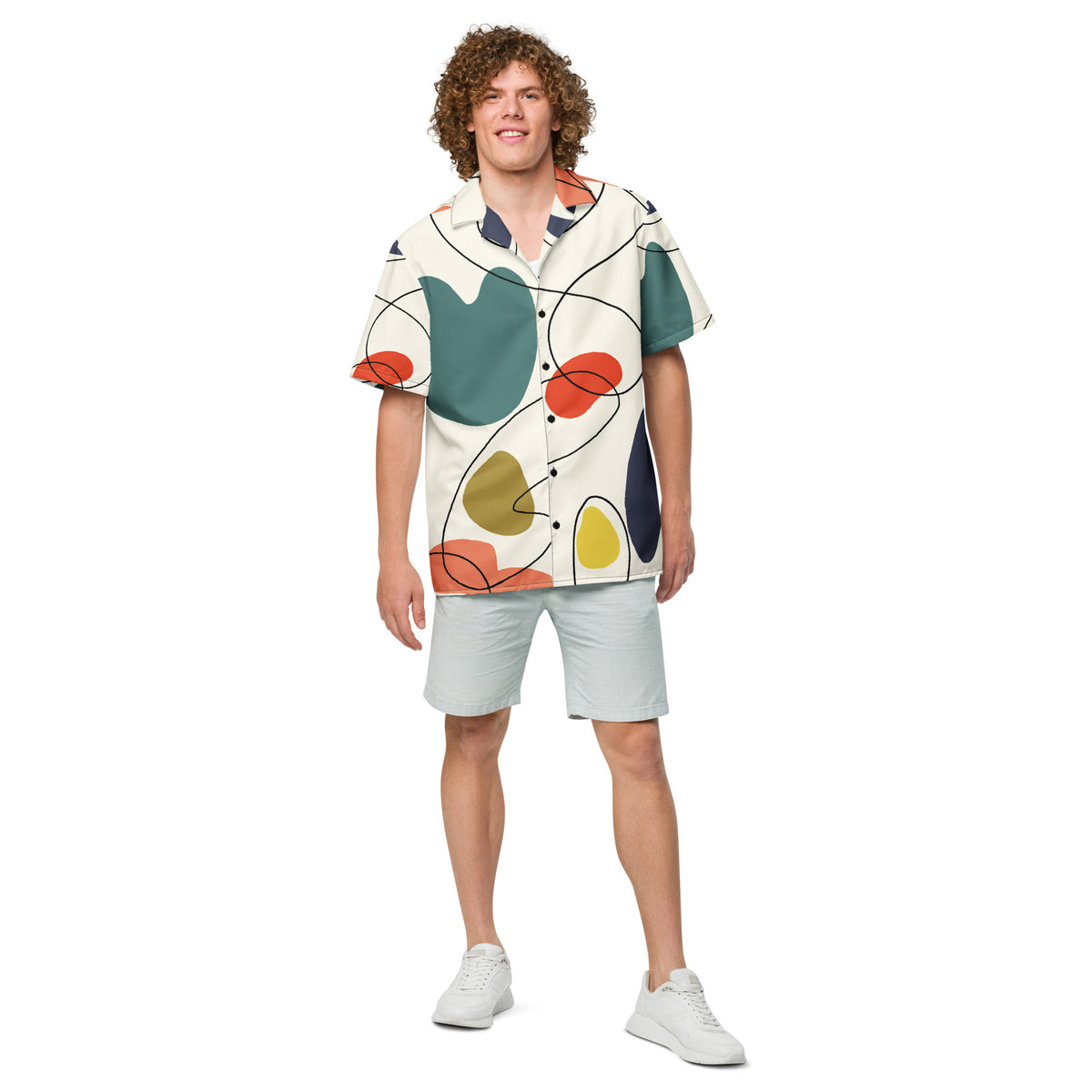 Men's White Geometric Button Shirt - Snugoma