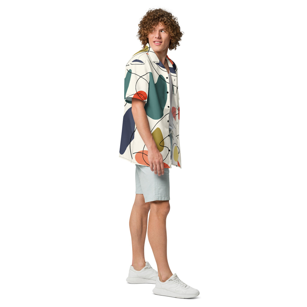 Men's White Geometric Button Shirt - Snugoma