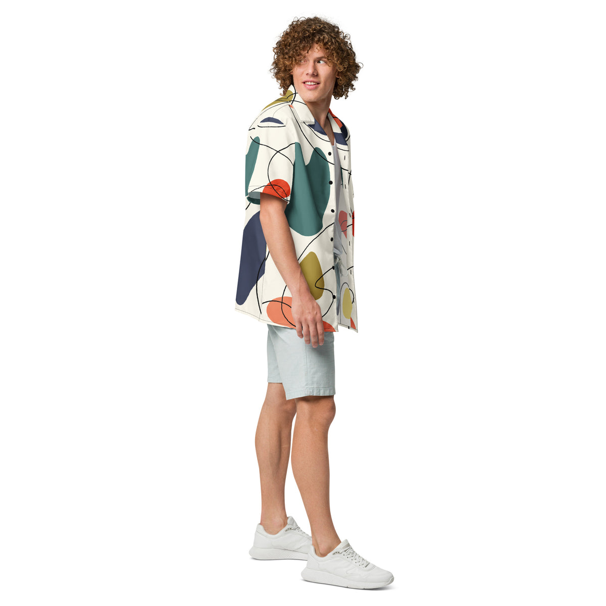 Men's White Geometric Button Shirt - Snugoma