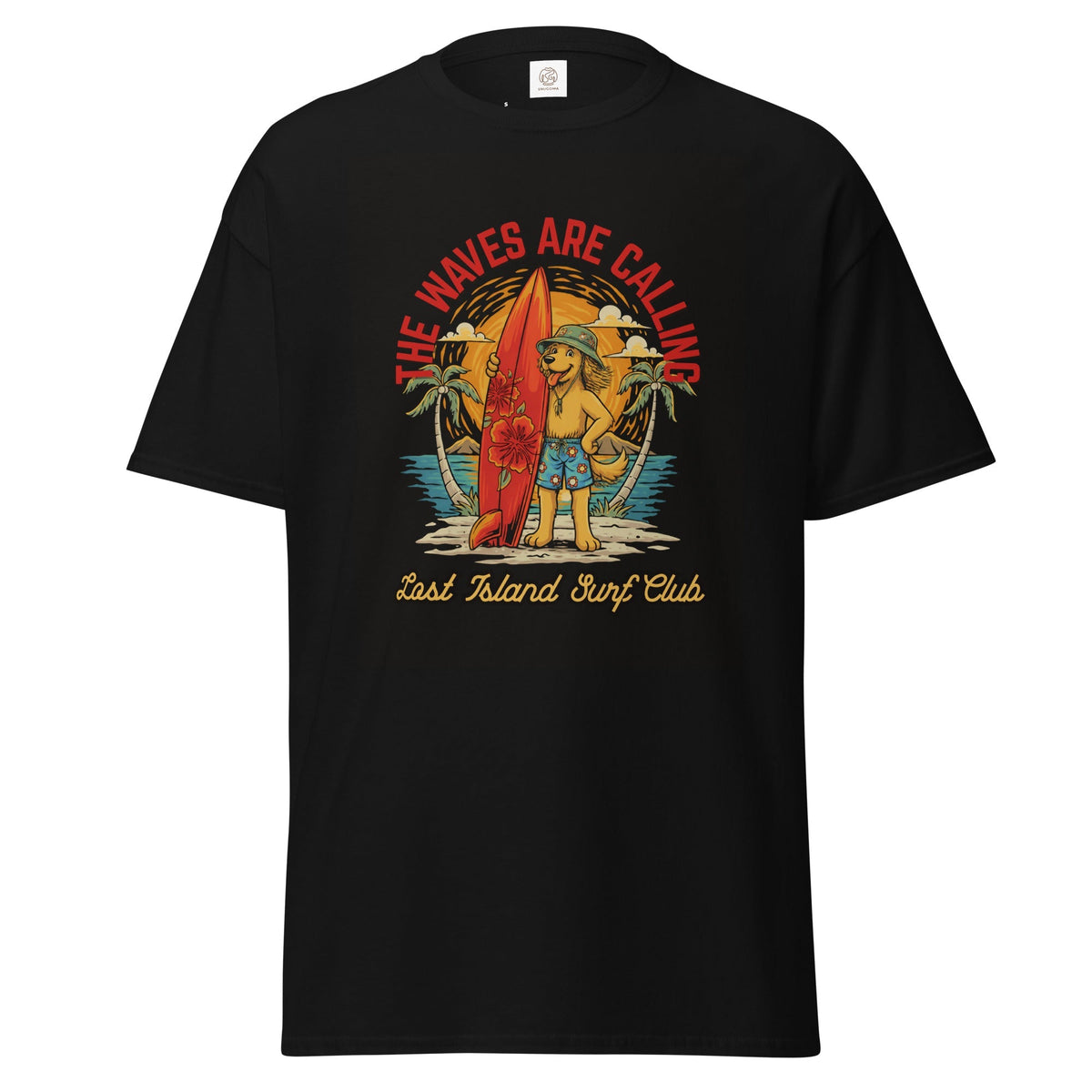 Close-up of black cotton T-shirt with vibrant graphic of a dog with a surfboard, tropical background, and 'The Waves Are Calling' text for casual wear