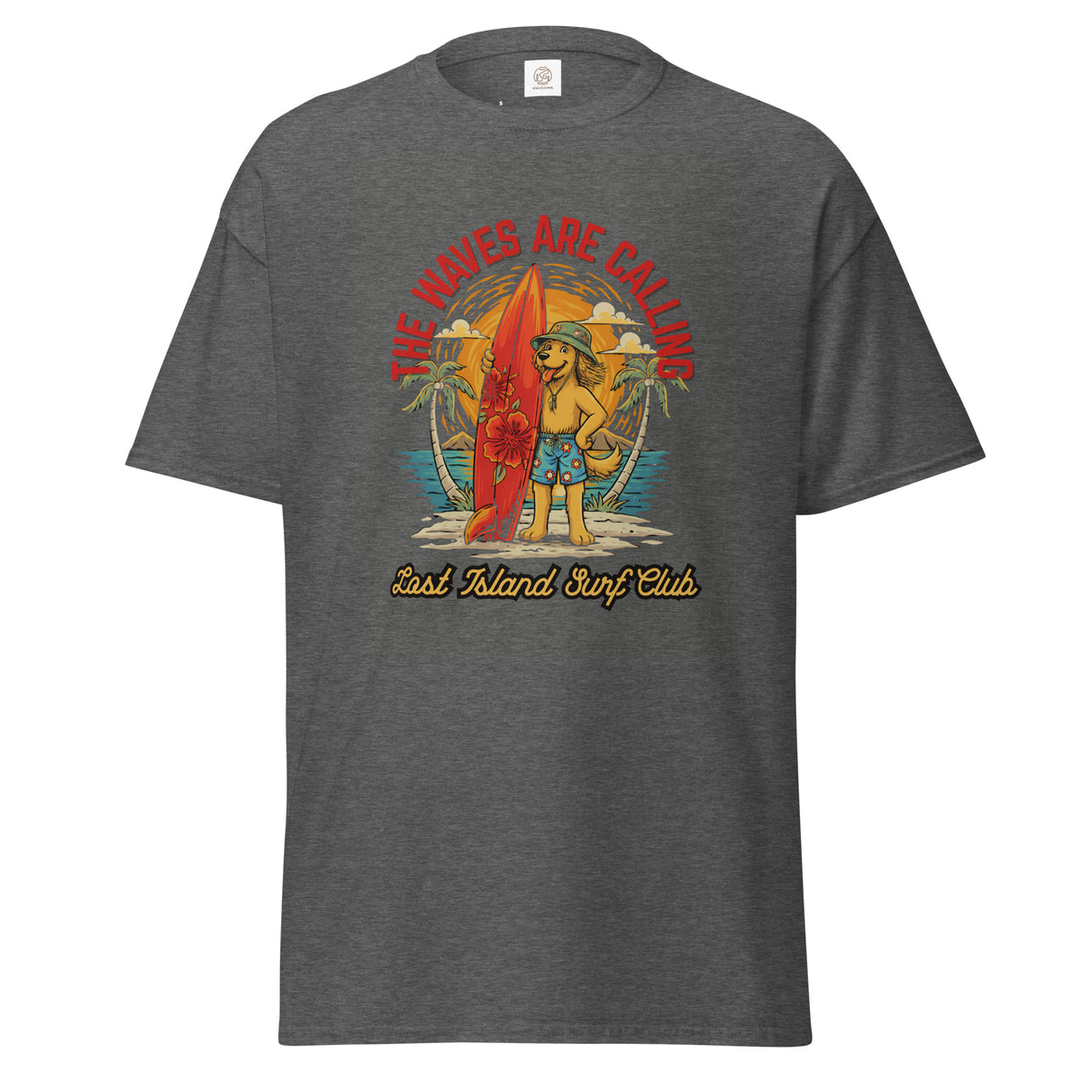 Gray cotton T-shirt displaying a colorful surfing graphic with a dog, surfboard, tropical scenery, and 'The Waves Are Calling' slogan