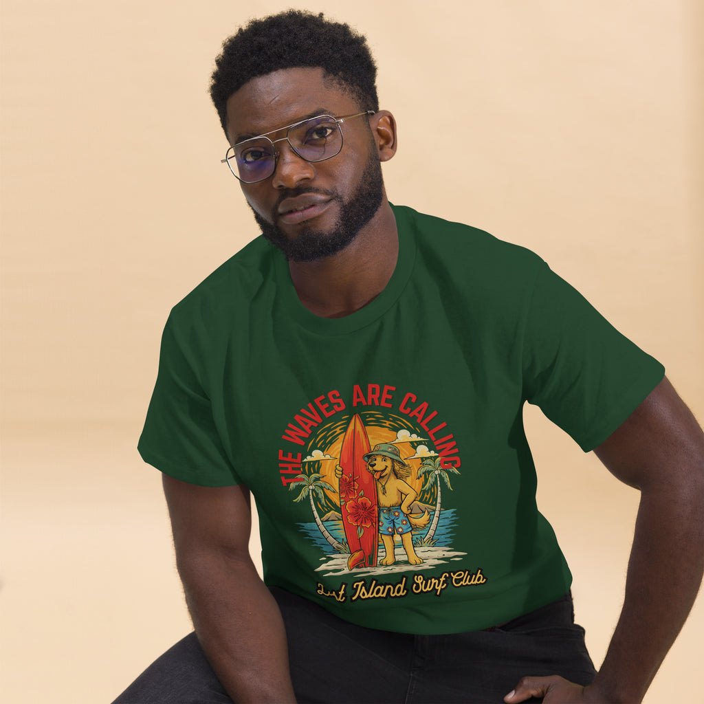 Man in yellow cotton T-shirt with tropical island surfing dog graphic, casual streetwear style, short sleeves, round neck