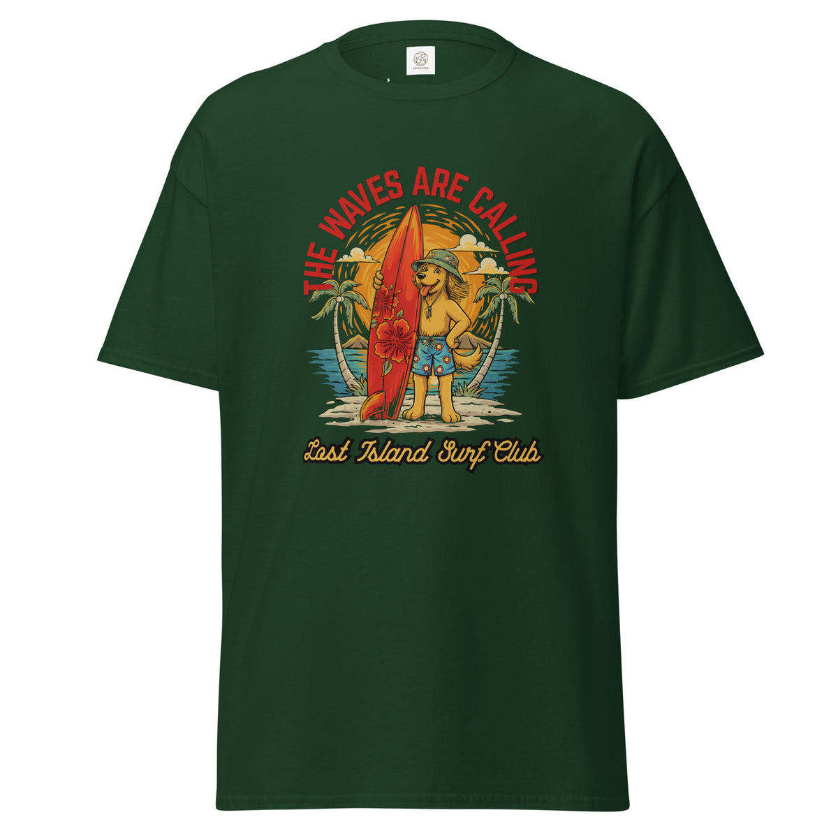 Green cotton T-shirt displaying a colorful surfing graphic with a dog, palm trees, and the phrase 'The Waves Are Calling' SKU: 5484311_12634