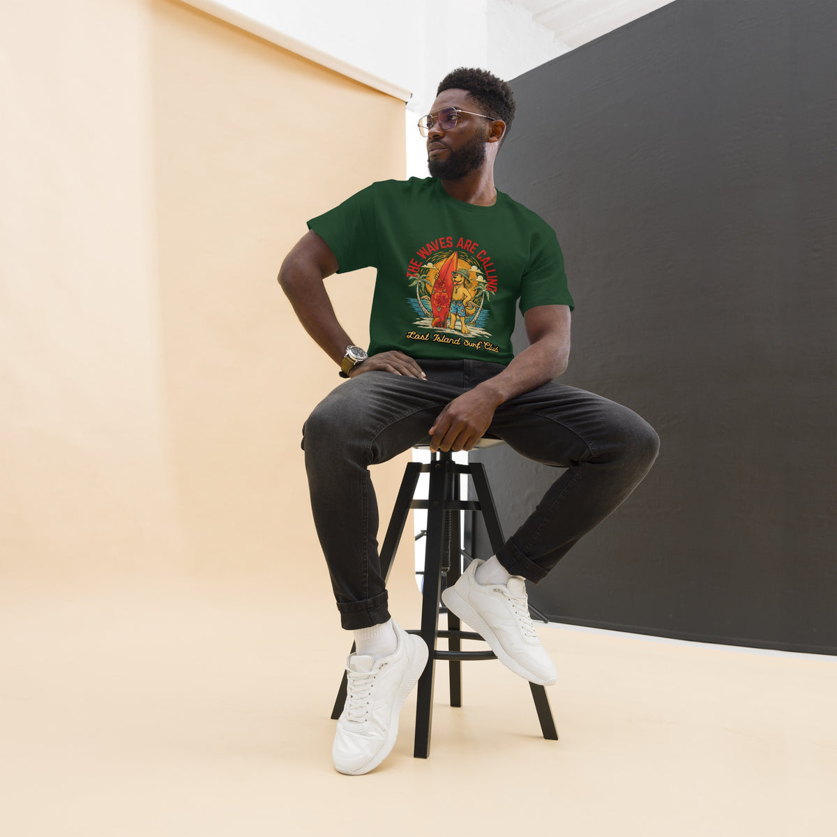 Unisex green cotton T-shirt with colorful island surfing graphic, featuring a surfer girl, palm trees, and sunset, casual streetwear style