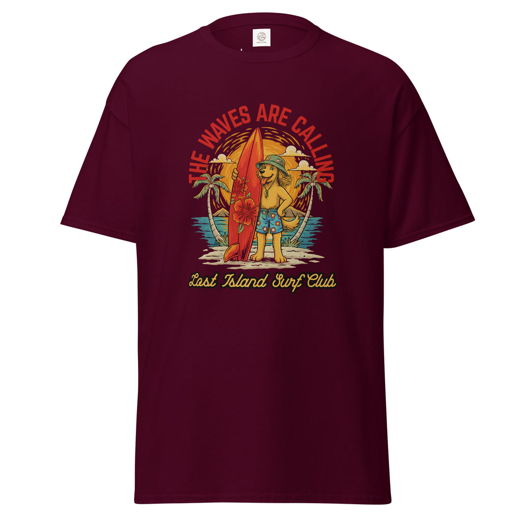 Dark navy cotton T-shirt featuring a vibrant graphic of a dog with a surfboard, tropical background, and 'The Waves Are Calling' text