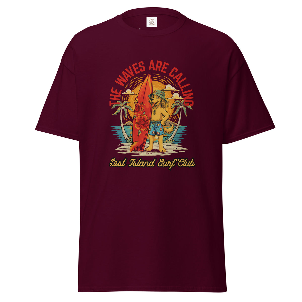 Dark navy cotton T-shirt featuring a vibrant graphic of a dog with a surfboard, tropical background, and 'The Waves Are Calling' text