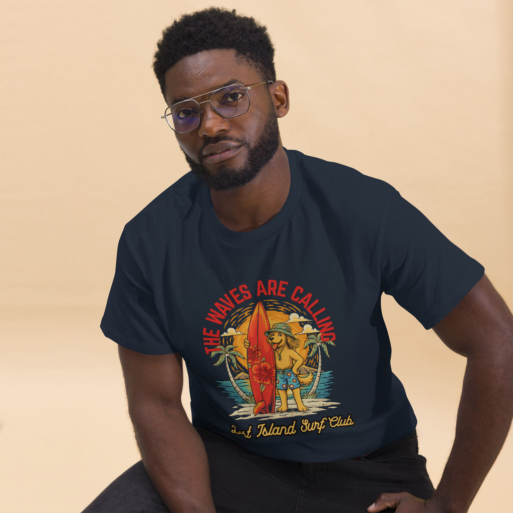 Unisex black cotton T-shirt featuring colorful tropical island surfing graphic with a dog, palm trees, and sunset, casual streetwear style