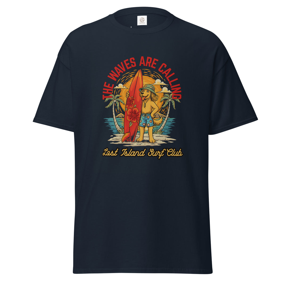 Burgundy cotton T-shirt with a colorful surfing scene graphic of a dog holding a surfboard, tropical scenery, and 'The Waves Are Calling' slogan