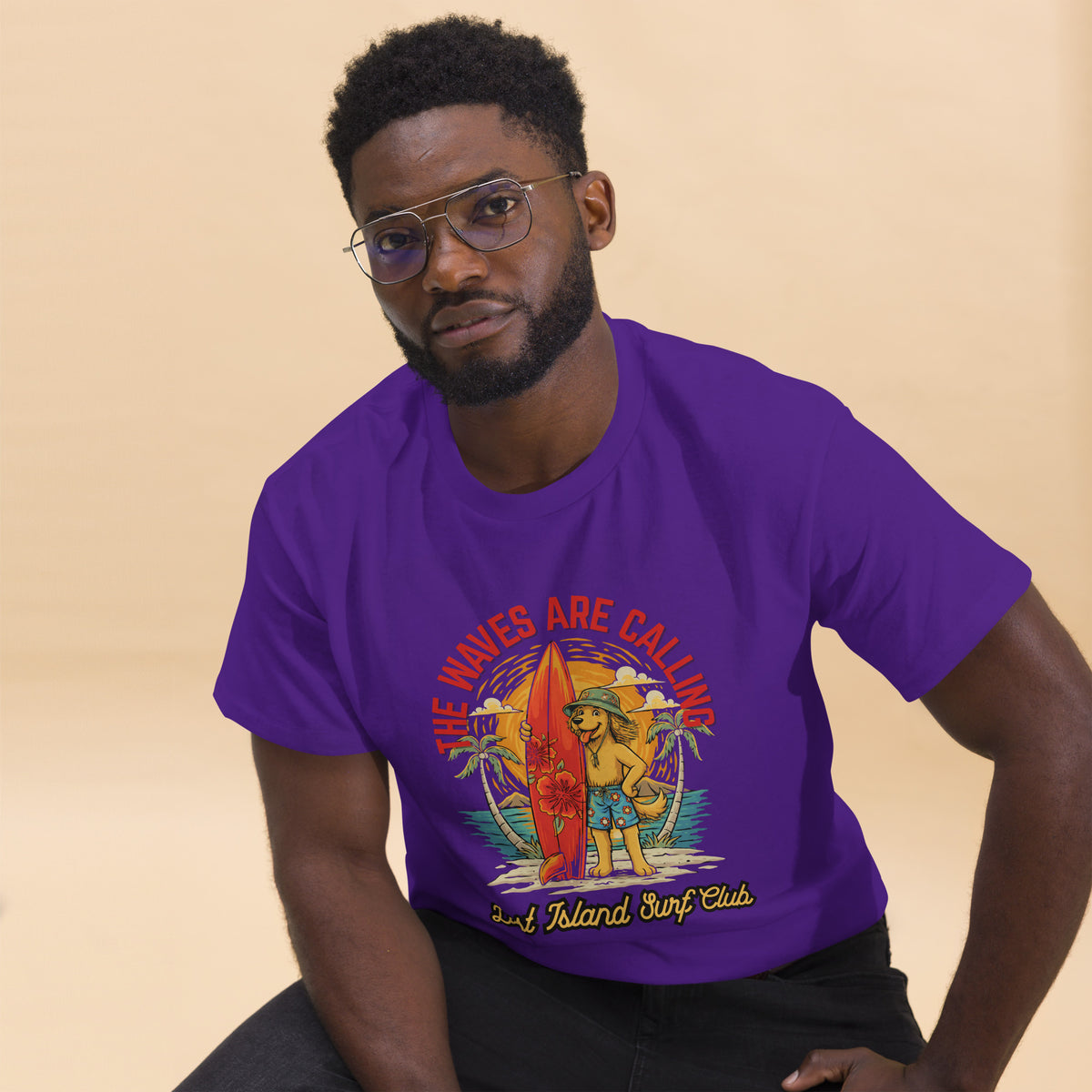 Man wearing purple cotton T-shirt with vibrant island surfing dog graphic, casual streetwear look, short sleeves, round neck