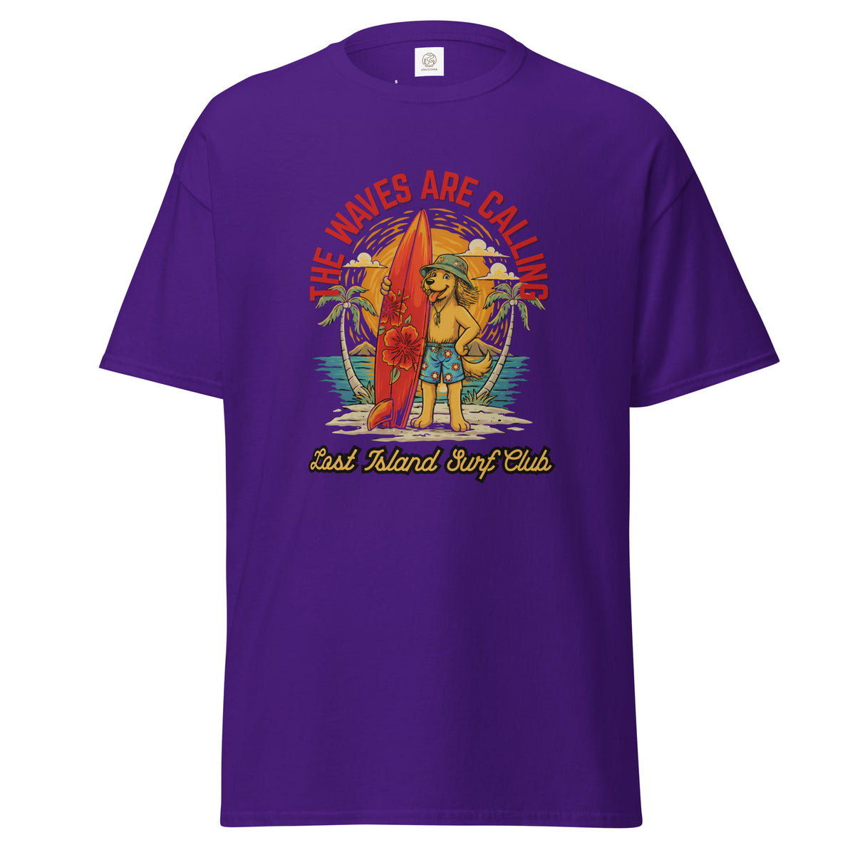 Purple cotton unisex T-shirt featuring a colorful graphic of a dog holding a surfboard with the text 'The Waves Are Calling' and 'Last Island Surf Club' SKU: 5484311_12634