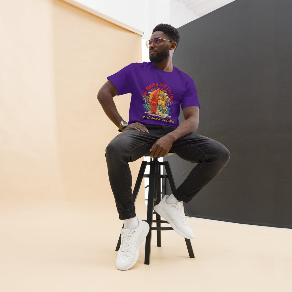 Unisex purple cotton T-shirt with colorful island surfing graphic, featuring a surfer girl, palm trees, and sunset, casual streetwear style