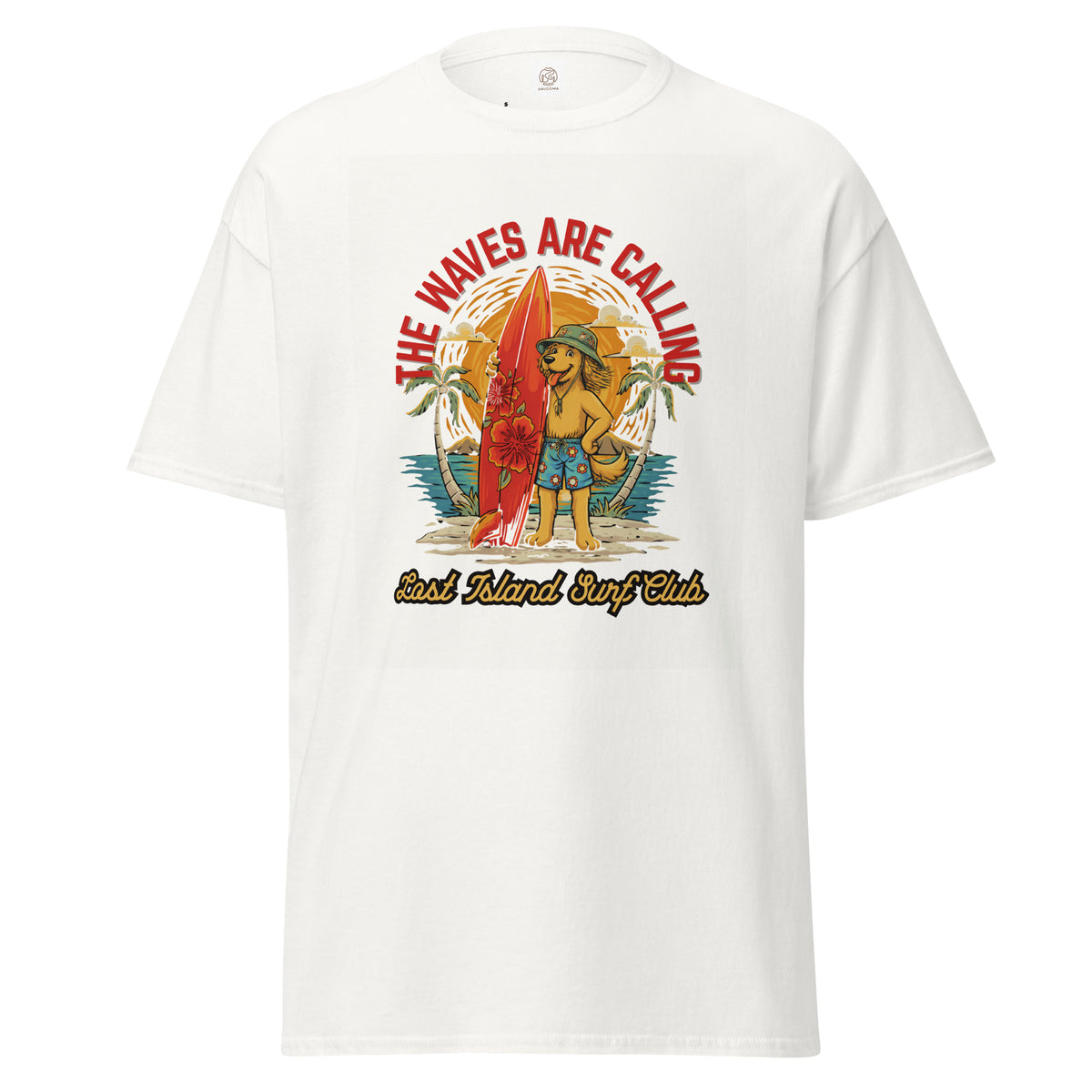 White cotton T-shirt with a vibrant graphic of a dog with a surfboard, surrounded by tropical elements and the text 'The Waves Are Calling' SKU: 5484311_12634