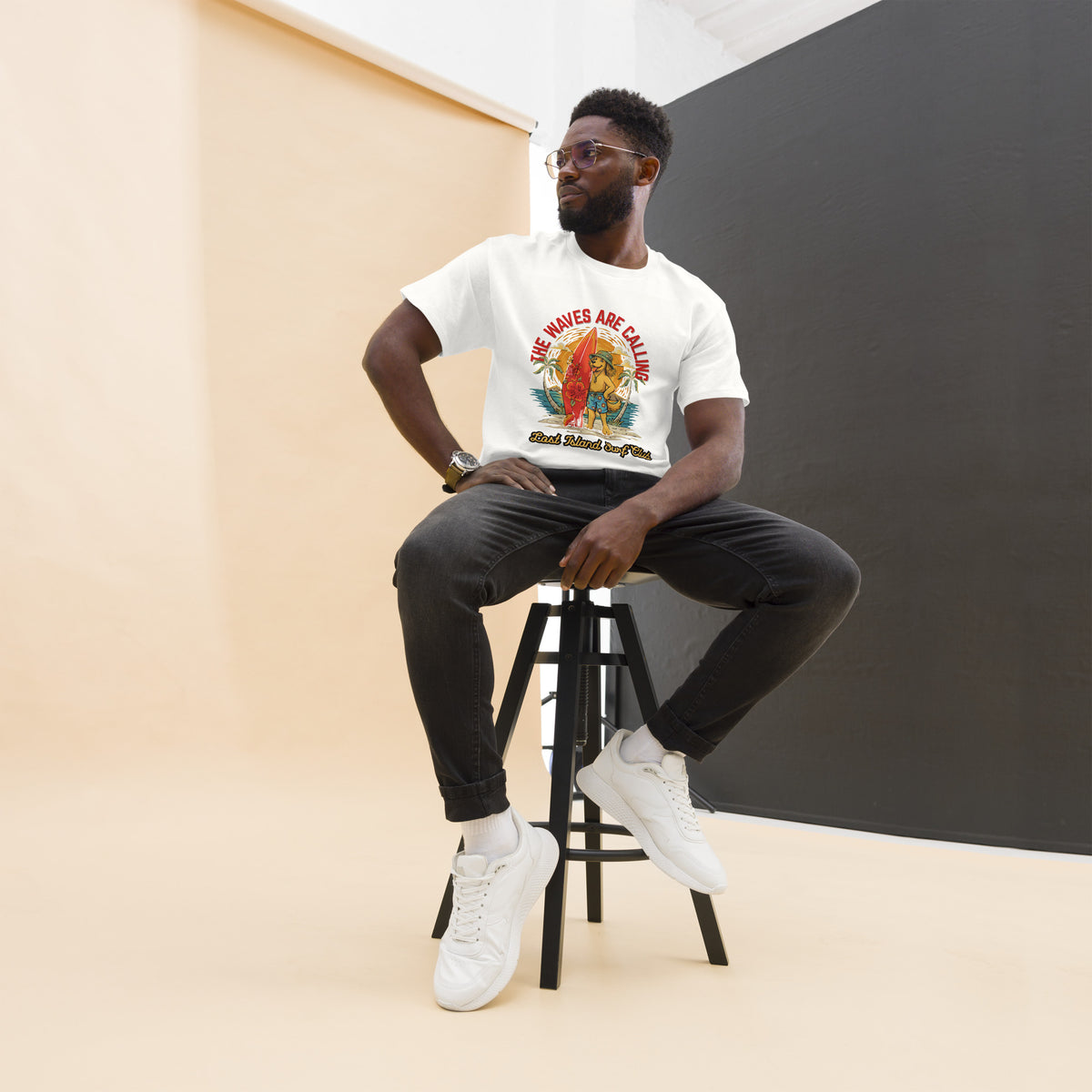 Unisex white cotton T-shirt with colorful island surfing graphic, featuring a surfer girl, palm trees, and sunset, casual streetwear style
