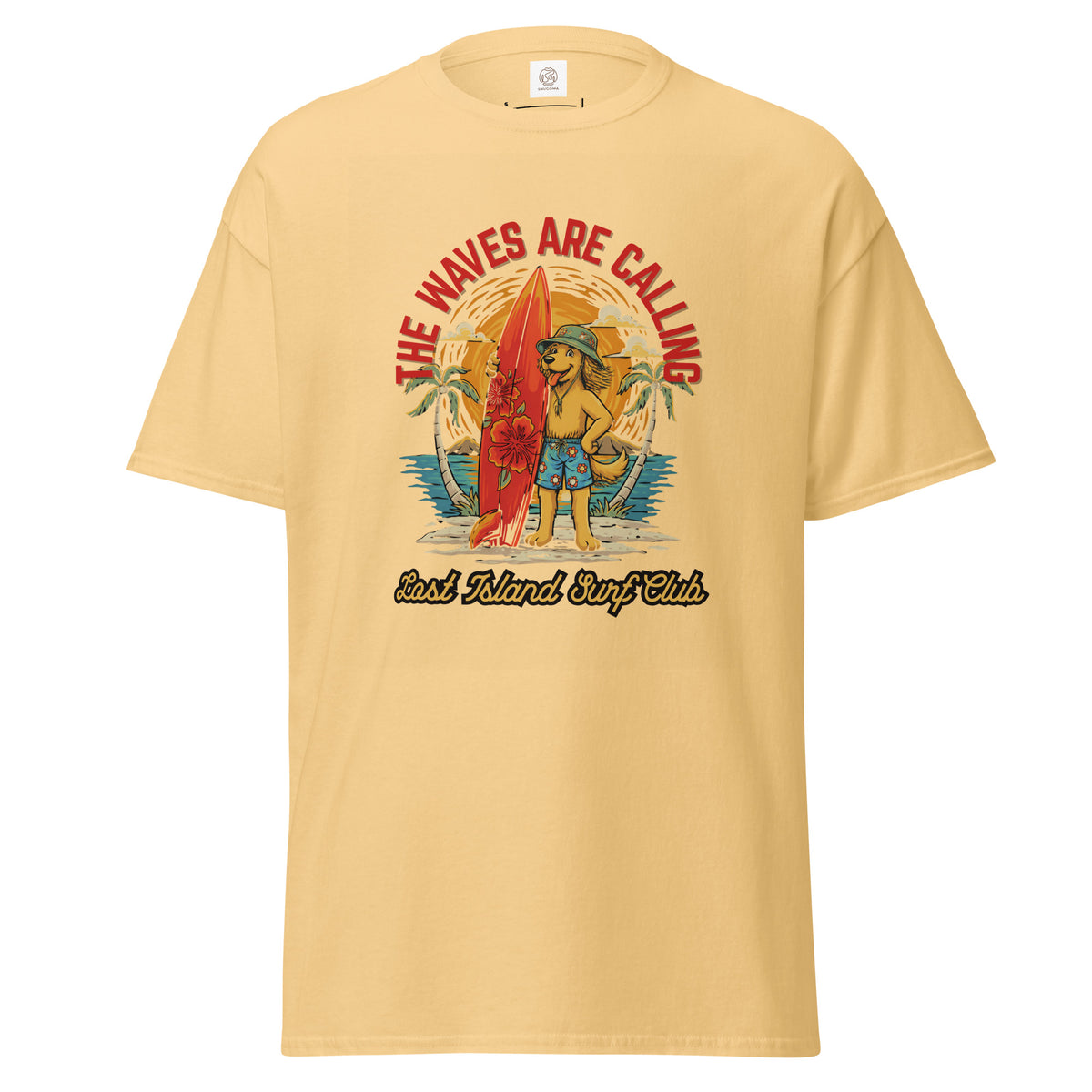 Beige cotton T-shirt featuring a retro-style graphic of a dog with a surfboard, tropical background, and the text 'The Waves Are Calling' SKU: 5484311_12634